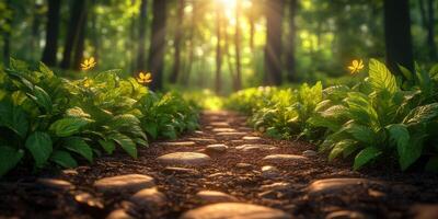 Sunlight filters through trees illuminating a tranquil forest path lined with lush greenery and small wildflowers photo