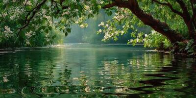Tranquil riverside view with blooming branches and rippling water in a lush green setting during late spring photo