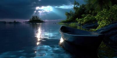 Calm waters reflect sunlight near a secluded island at dusk showcasing serenity and natural beauty photo