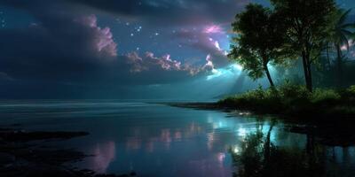 Tranquil night at the serene lakeside with reflections under a starry sky photo
