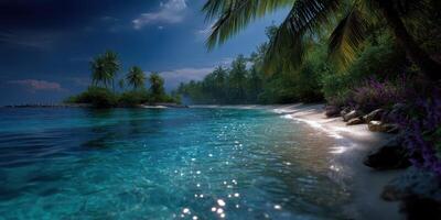 Serene tropical beach with clear water and lush palm trees at twilight photo