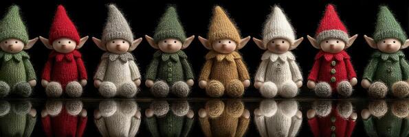 Charming decorative elves arranged in a line with colorful hats and outfits on a dark reflective surface photo