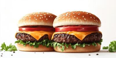Delicious cheeseburgers with fresh lettuce and tomato ready to eat photo