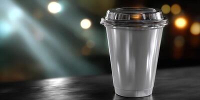 Stylish disposable cup stands on table with blurred urban lights in the background at night photo