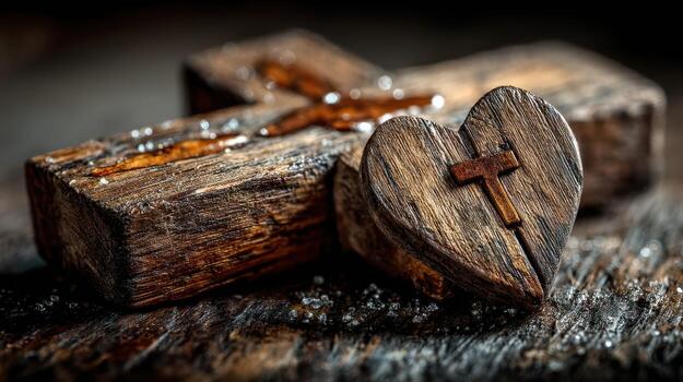 Wooden cross and heart symbolizing faith and devotion on a rustic table photo