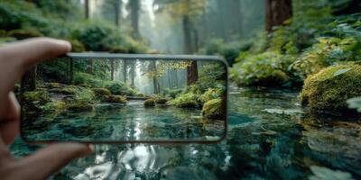 Capturing nature's beauty through a smartphone in a serene forest by a clear stream photo