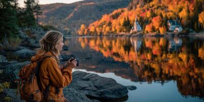 Woman capturing autumn scenery at a serene lake in the forest during golden hour photo