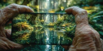 Capturing the serene reflection of a lush forest in a smartphone while showcasing nature's beauty during a sunny afternoon photo