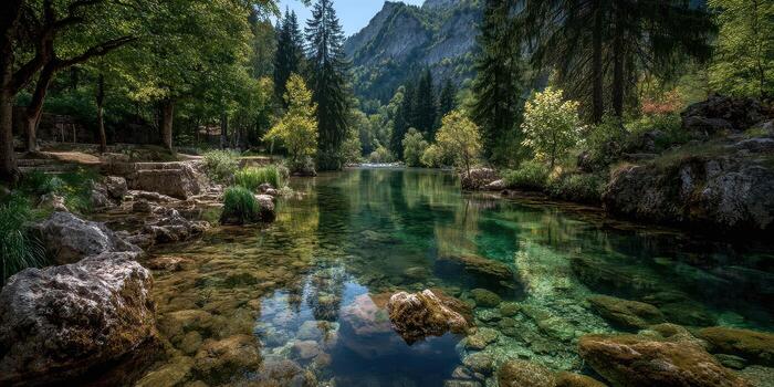 Calm river flows through lush green landscape with towering mountains in bright daylight near clear waters photo