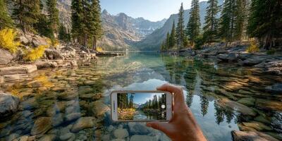 Capturing nature's beauty with a smartphone in a serene mountain landscape during daytime photo