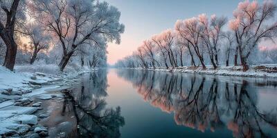 Winter landscape with frosted trees and calm river at sunrise near a tranquil shoreline photo