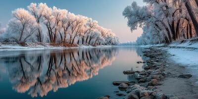 Winter morning by the river with frosted trees reflecting on calm water at dawn photo