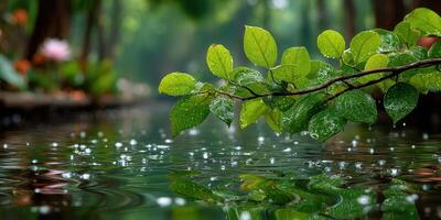 Raindrops create ripples on calm water as greenery thrives in a serene garden setting photo