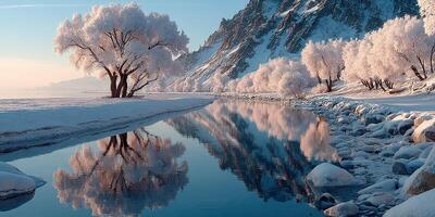 Winter landscape with snow-covered trees and a calm river reflecting mountains at sunrise photo