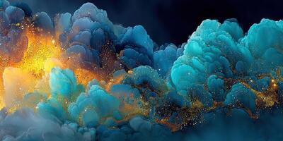 Colorful abstract waves of blue and gold illuminate the dark background with dynamic fluid movement and sparkles photo