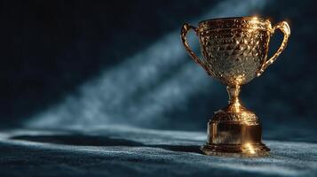 Shiny golden trophy on velvet background illuminated by soft light highlighting its intricate design and setting photo