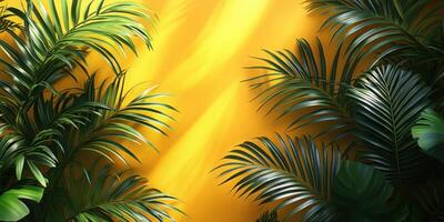 Vibrant display of green leaves against a bright yellow background creating a tropical atmosphere for interior design photo