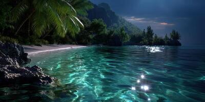 Serene coastal landscape at twilight with calm turquoise waters and palm trees photo