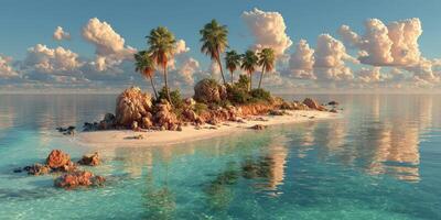 Serene tropical island with palm trees and calm turquoise waters under fluffy clouds at sunset photo