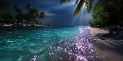 Vibrant tropical beach at night with shimmering water under the moonlight and swaying palm trees photo