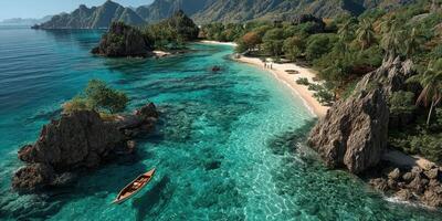 Tropical paradise with clear waters and rocky landscape in a secluded beach setting photo