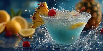 Refreshing tropical cocktail with vibrant colors and splashes on a summer day photo