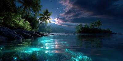 Nighttime coastal scene with glowing water and palm trees under a starry sky photo