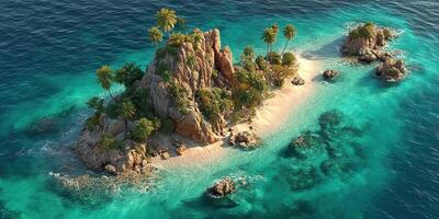 Tropical island with rocky formations and palm trees surrounded by turquoise waters under a clear blue sky photo