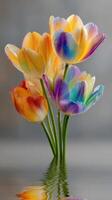 Colorful tulips reflecting in water create a vibrant display in a serene setting photo