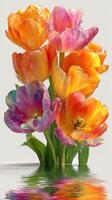 Bunch of vibrant tulips reflecting in water with colorful petals and droplets at a sunny afternoon photo