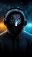Mysterious figure with a crow's head in a hoodie wearing headphones in a dark setting photo