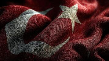 Turkish flag with intricate texture and vibrant colors displayed in close-up view photo