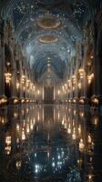 Majestic ballroom illuminated by shimmering chandeliers and intricate architectural details in an opulent setting photo