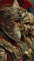 Elaborate armored warriors in historic attire participate in a grand event in a vibrant city setting during the day photo