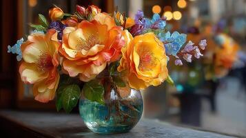 Colorful floral arrangement with yellow roses in a vase on a window sill during daylight photo