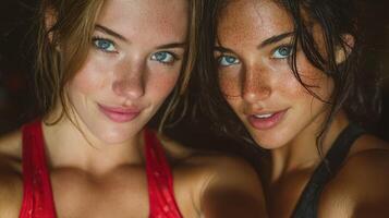 Two young women smiling and posing together in sports attire in a dimly lit room during a workout session photo