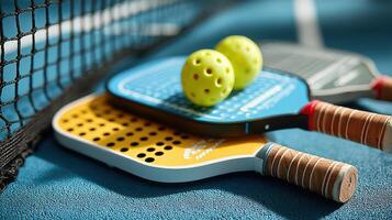 Pickleball paddles and balls rest on a court while players prepare for a friendly match in community center photo
