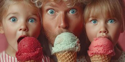 Family enjoying ice cream together in a joyful moment at a summer celebration with colorful ice cream cones photo