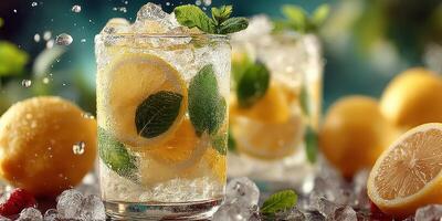 Refreshing summer drink with lemon and mint served over ice in a vibrant outdoor setting during golden hour photo