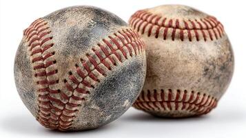 Two worn baseballs displayed together, showcasing their weathered texture and stitching details in a simple setting photo