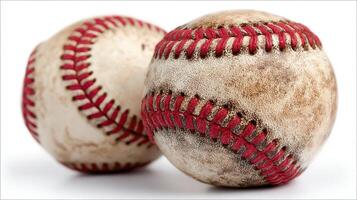 Two worn baseballs showing signs of use on a clean background, perfect for sports enthusiasts and collectors alike photo