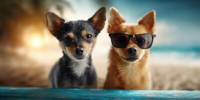 Two dogs enjoy a beach day in sunglasses while sitting on a wooden bench during sunset by the ocean photo