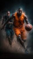 Intense basketball players competing on the court under dramatic lighting with a dust effect during a fast-paced game photo