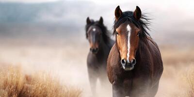 Horses galloping through a dusty field during sunset in a tranquil countryside setting photo
