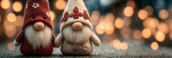Christmas gnomes stand together amidst sparkling lights during a festive winter evening celebration photo