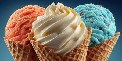 Colorful ice cream cones with vibrant flavors displayed against a dark background photo
