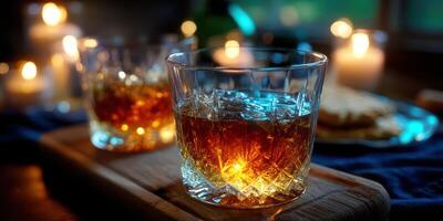 Relaxing evening with whiskey and candles creating a cozy atmosphere at a rustic table photo