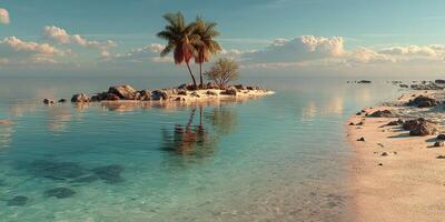 Tranquil tropical island with palm trees reflecting on clear blue water under a bright sky at dawn photo