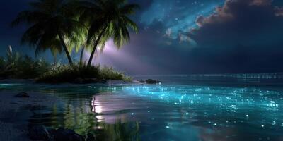 Ocean illuminated by bioluminescent waves under a starlit sky with palm trees at night photo