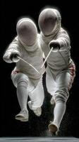 Dynamic duel between two fencers in motion during a competition with a dramatic background photo